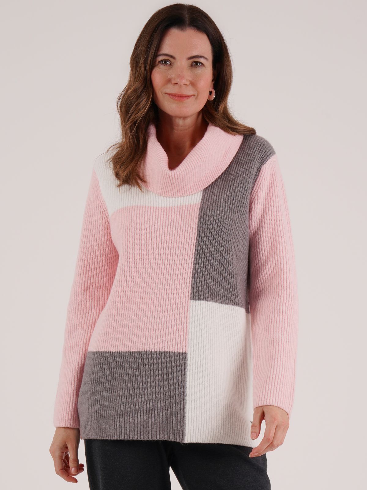 TIGI 10/12 Dusty Pink Colour Block Cowl Neck Knit Jumper - T25-16H