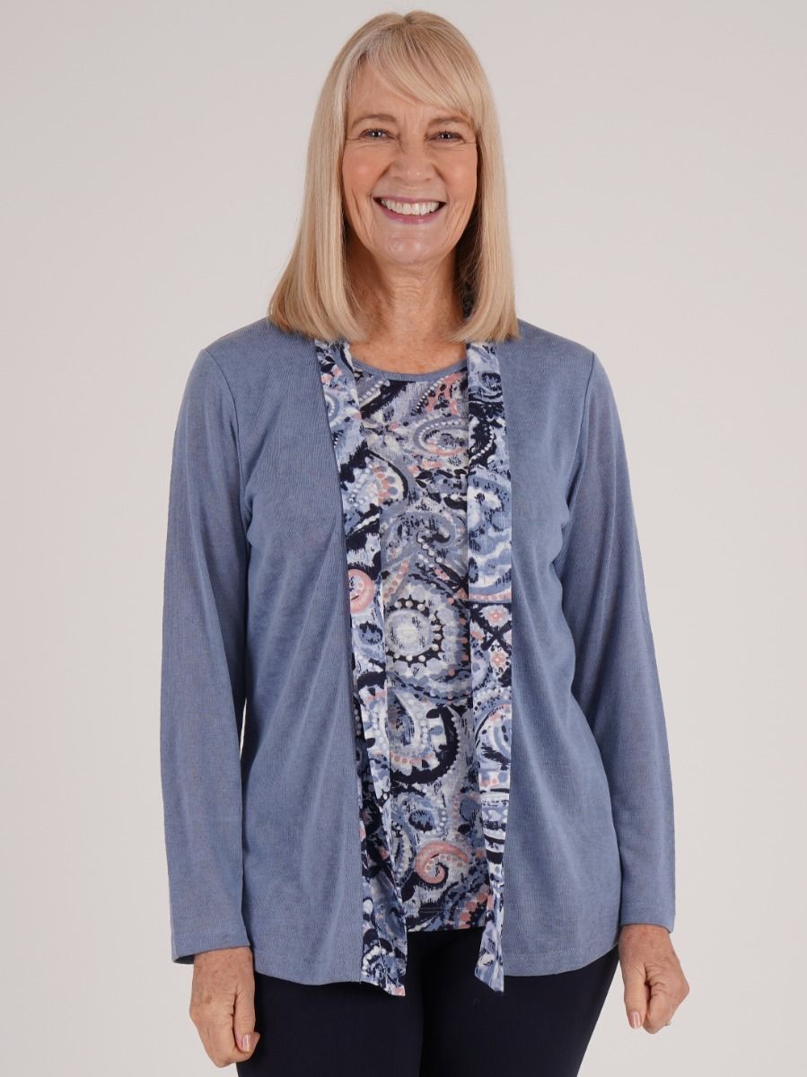 TIGI 14/16 Blue Tonal Paisley Mock Cardi Tunic - T25-30B