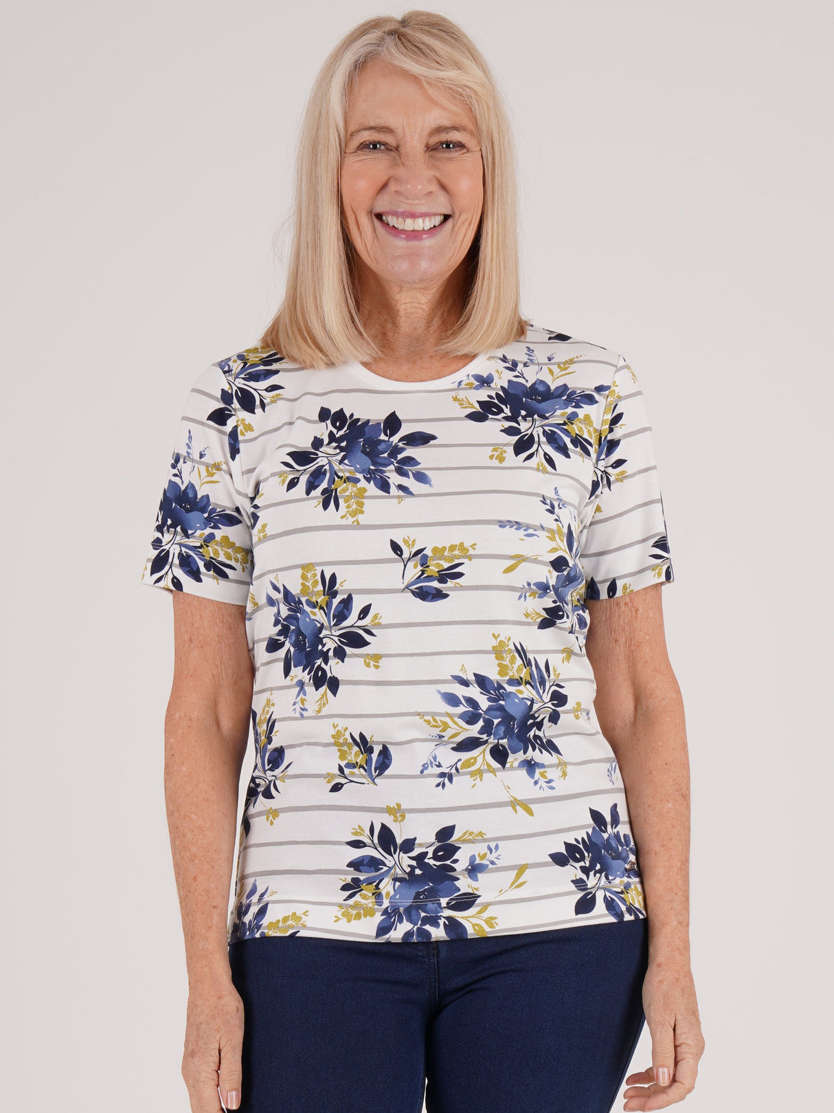 TIGI 10/12 Ivory Stripe Floral Short Sleeve Top - T25-31C