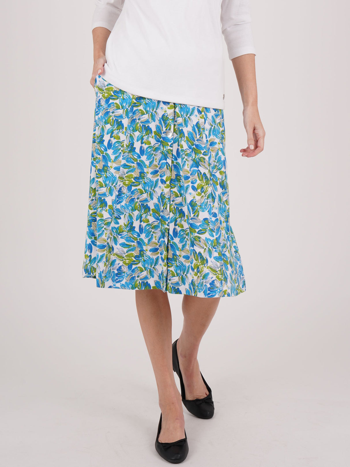 TIGI 10/12 Short Blue/Green Floral Button Skirt - T25-34DS