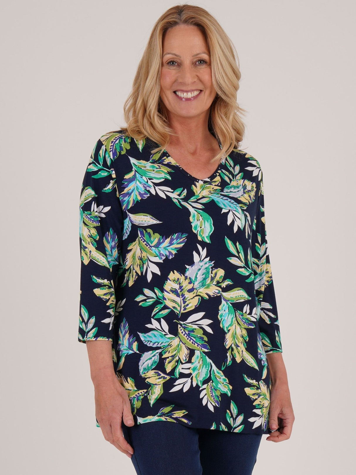 TIGI 14/16 Navy Rainforest All Over Print V Neck Top - T25 - 43A - Old Railway Line Garden Centre