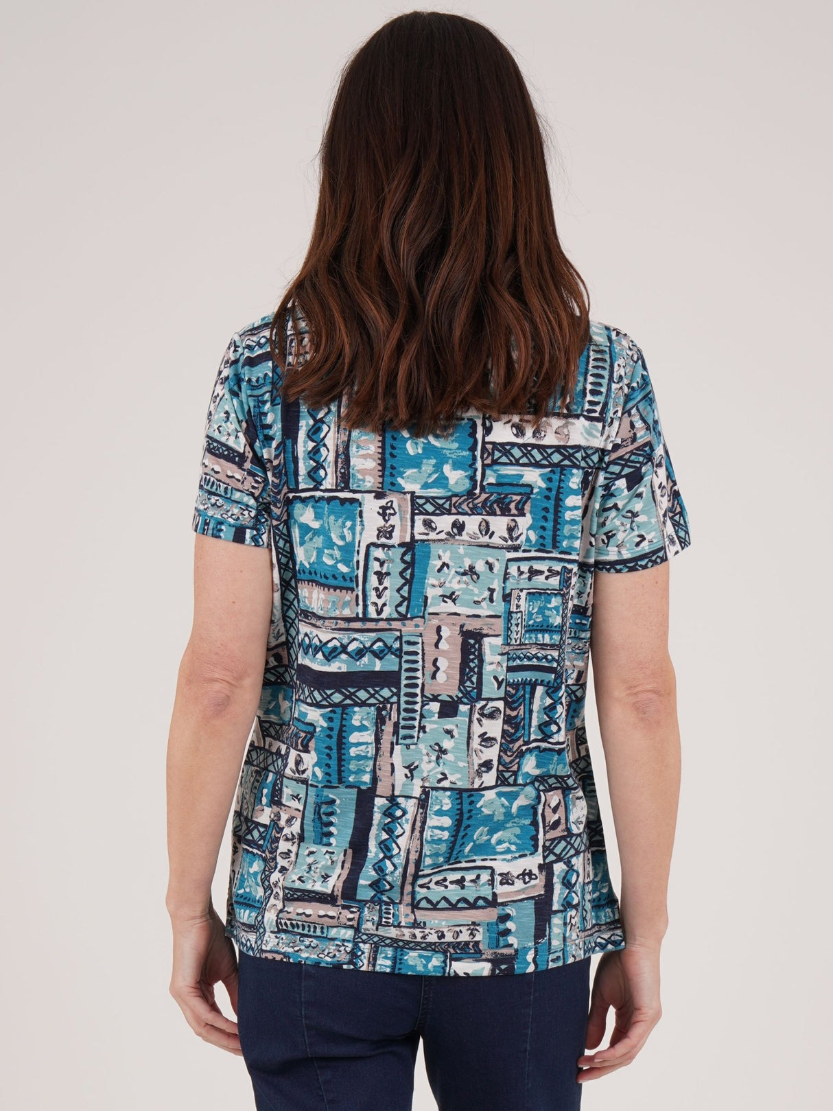 TIGI 14/16 Sea Green Square Neck Patchwork Print Top - T25 - 40B - Old Railway Line Garden Centre