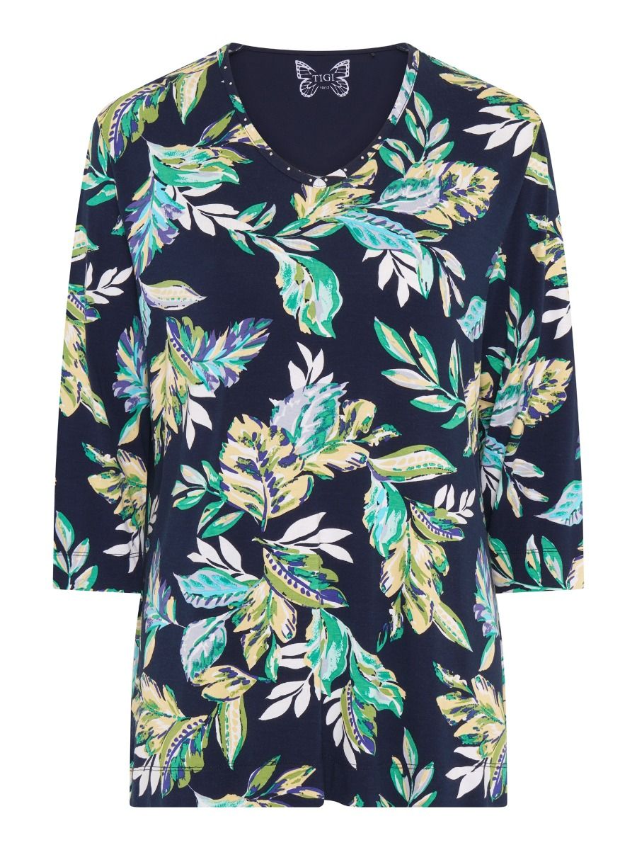 TIGI 22/24 Navy Rainforest All Over Print V Neck Top - T25 - 43A - Old Railway Line Garden Centre