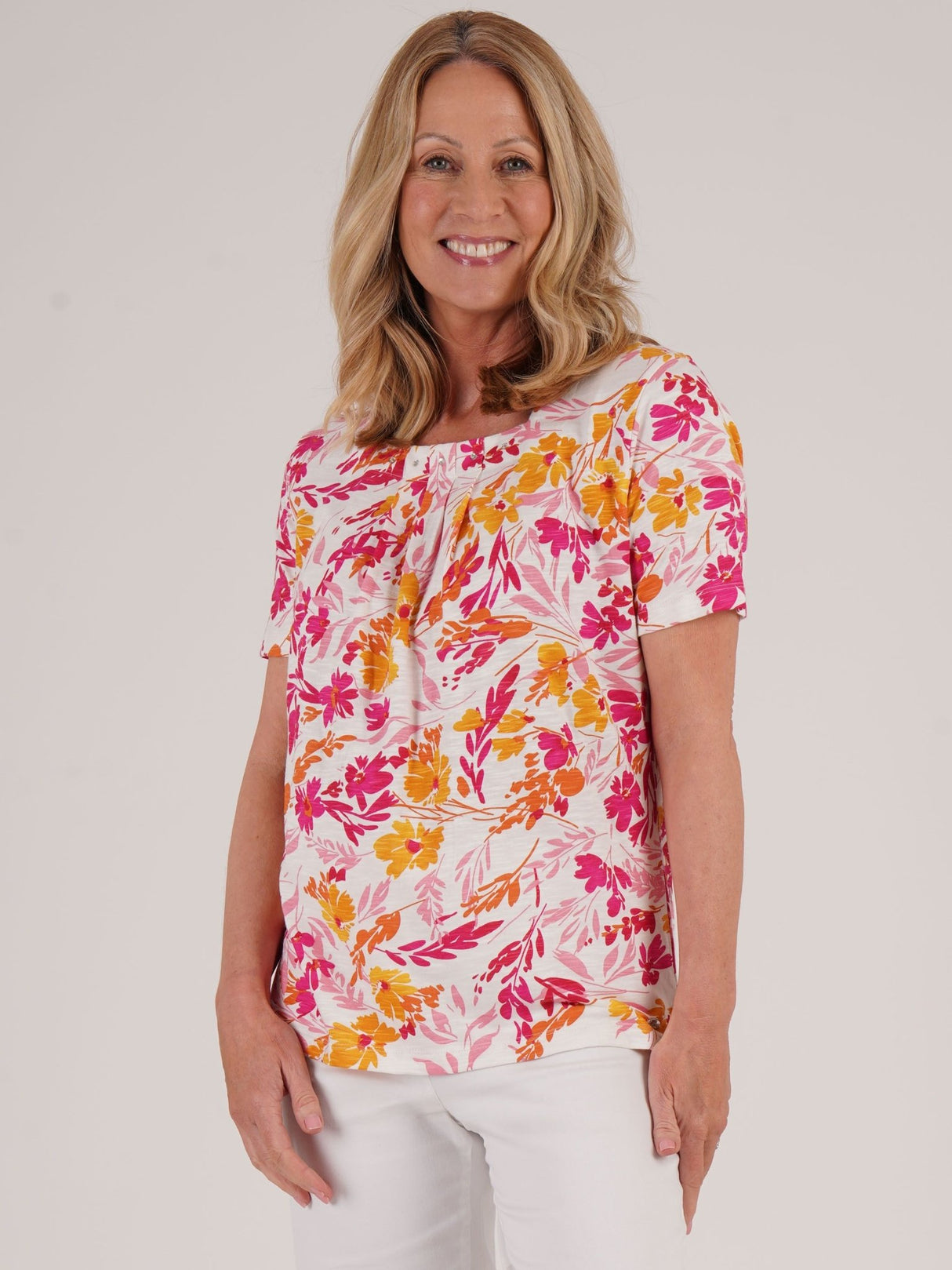 TIGI 8/10 Cerise Bouquet Floral Square Neckline Top - T25 - 41C - Old Railway Line Garden Centre