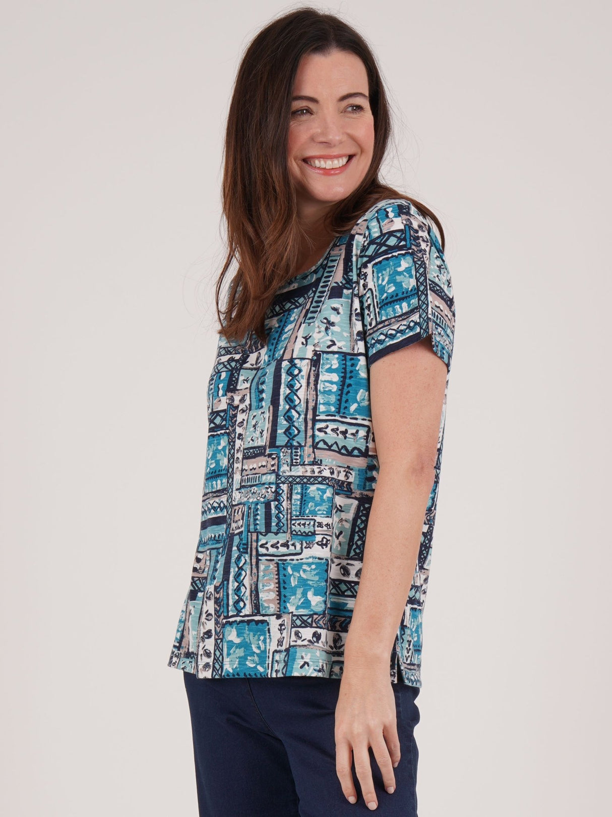 TIGI 8/10 Sea Green Square Neck Patchwork Print Top - T25 - 40B - Old Railway Line Garden Centre