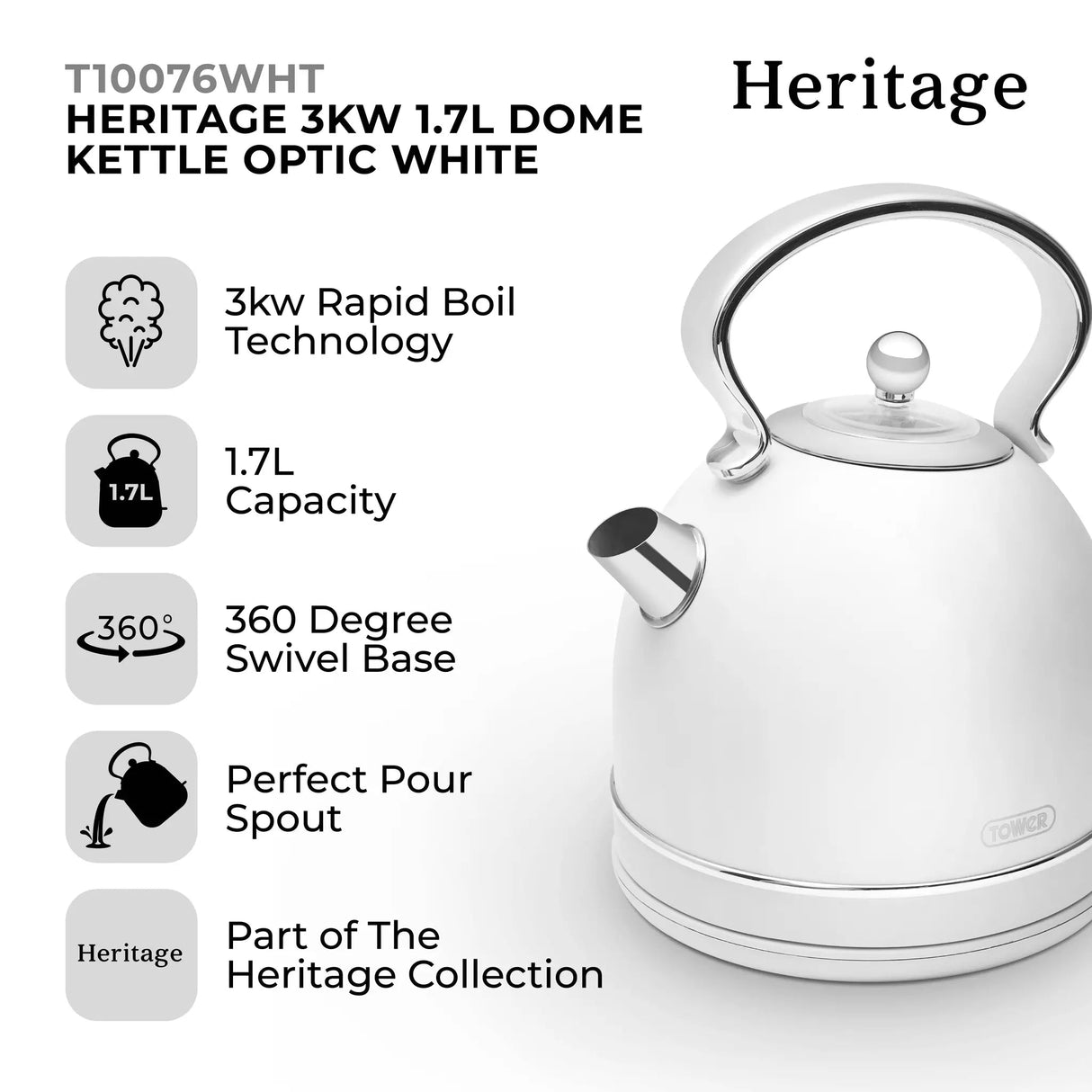 Tower 1.7 Litre Heritage Traditional Kettle - White - Old Railway Line Garden Centre