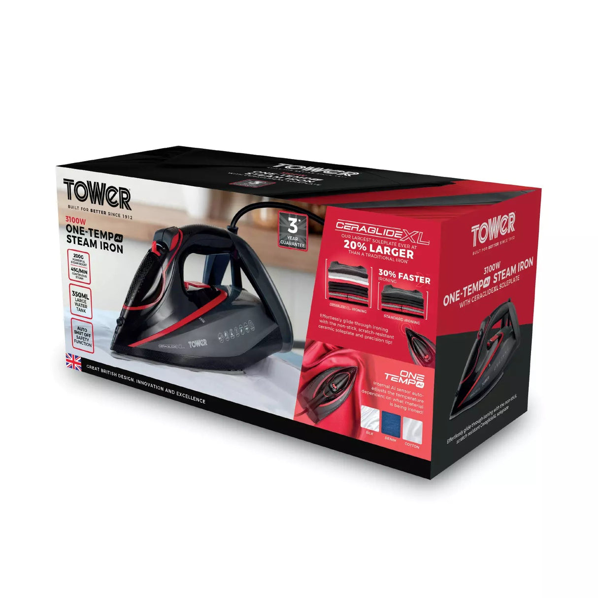 Tower 3100W One Temp Steam Iron - Black/Red - Old Railway Line Garden Centre