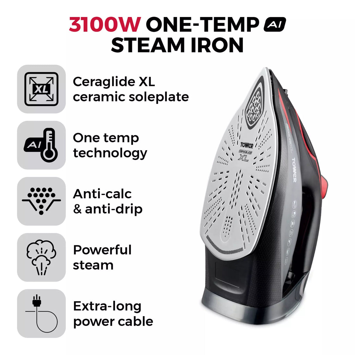 Tower 3100W One Temp Steam Iron - Black/Red - Old Railway Line Garden Centre