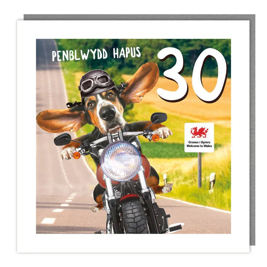Tracks Publishing Penblwydd Hapus 30th Dog on Motorcycle Blank Card