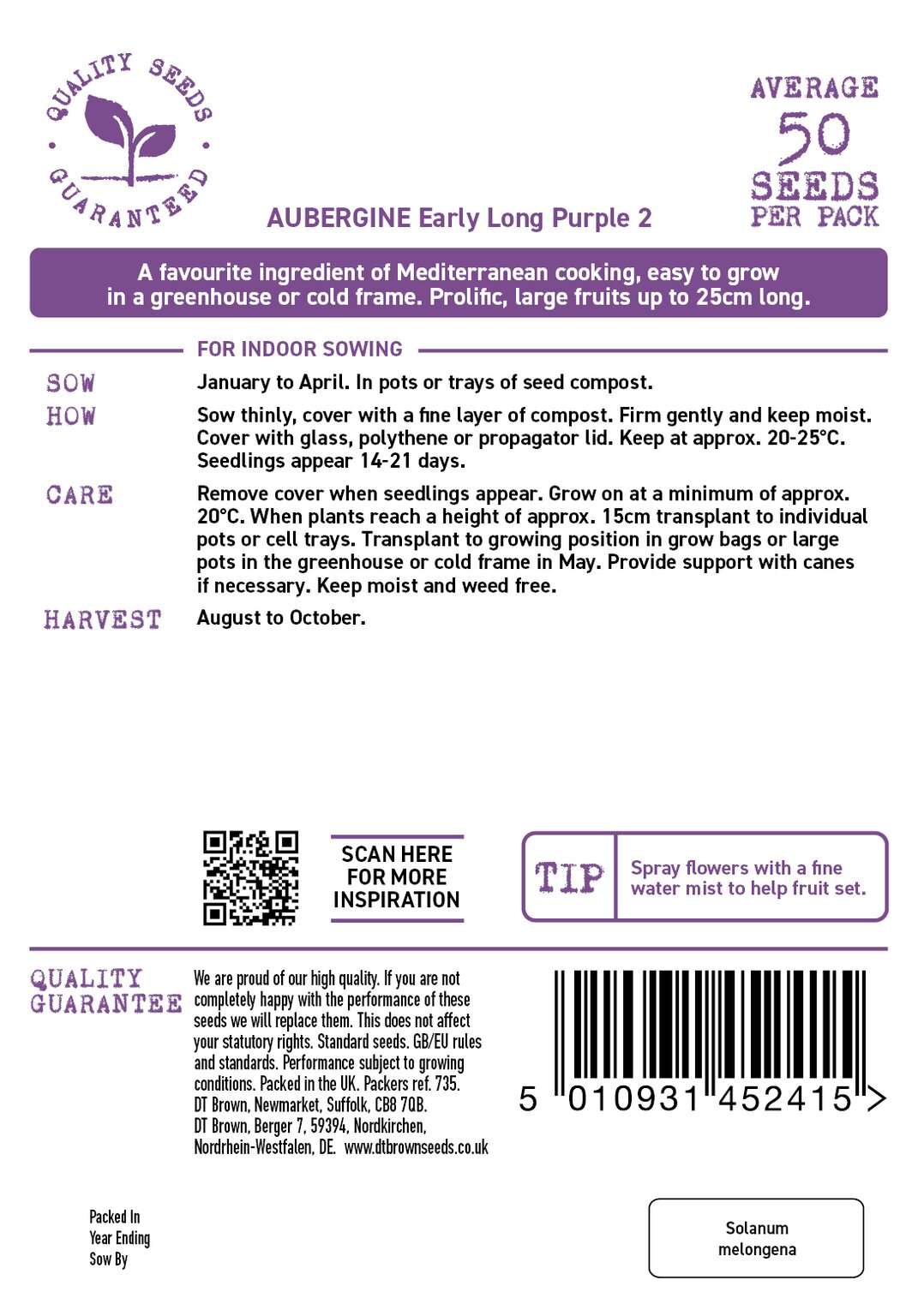 D.T. Brown Early Long Purple 'Aubergine' Seeds