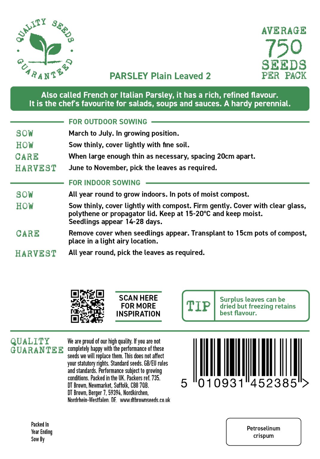D.T. Brown Plain Leaved 'Parsley' Seeds