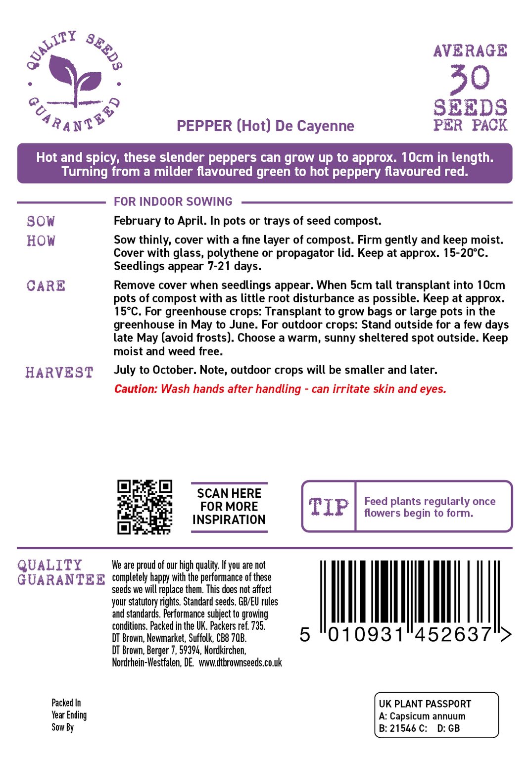 D.T. Brown 'De Cayenne' (Hot) Pepper Seeds