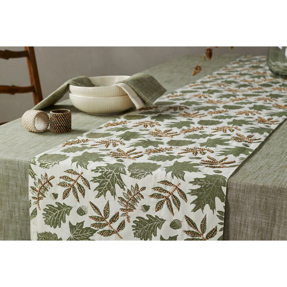 Walton & Co 180cm Embellished Green Leaf Table Runner