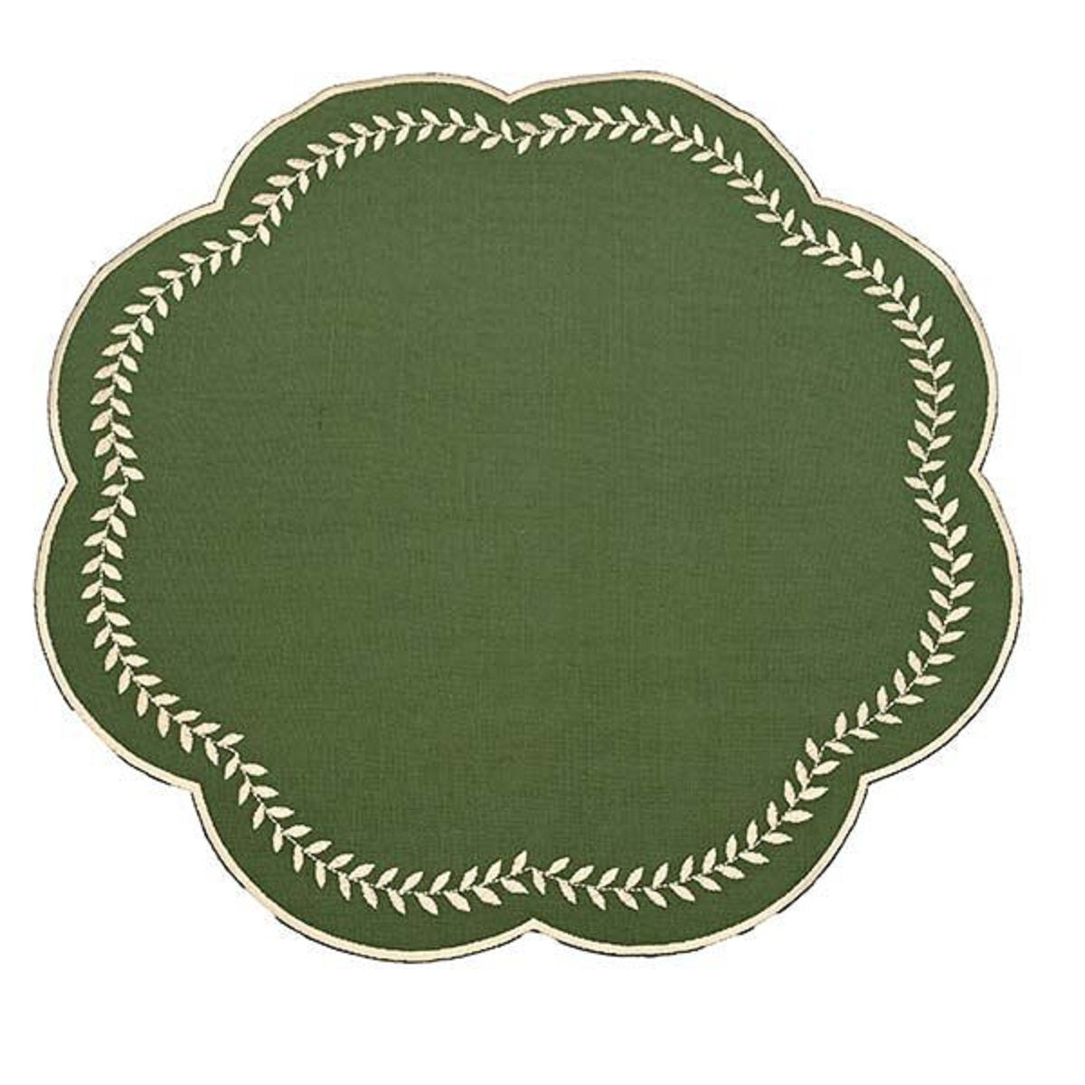 Walton & Co 38cm Scalloped Embroidered Leaf Placemat Green