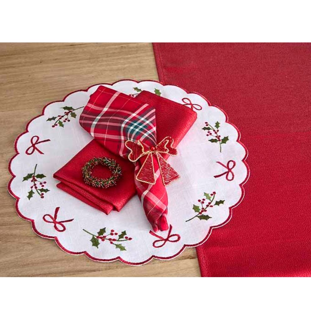 Walton & Co 38cm Scalloped Embroided Bow and Holly Placemat
