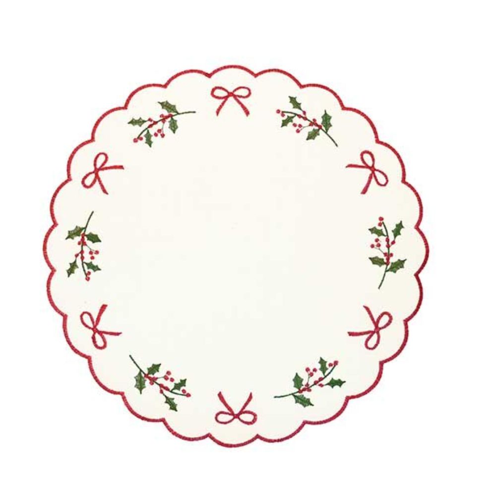 Walton & Co 38cm Scalloped Embroided Bow and Holly Placemat