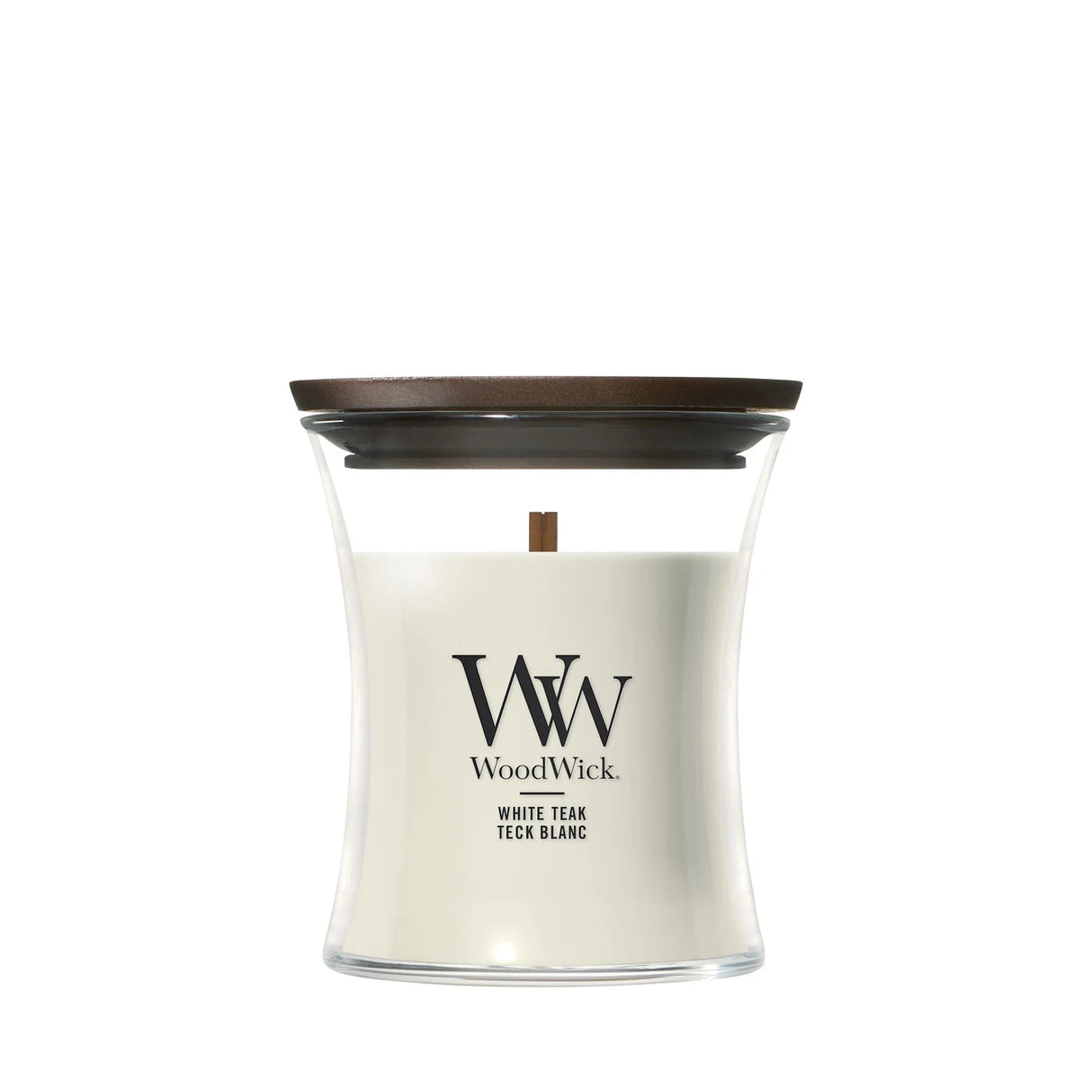 Wood Wick White Teak Mini Hourglass Candle - Old Railway Line Garden Centre