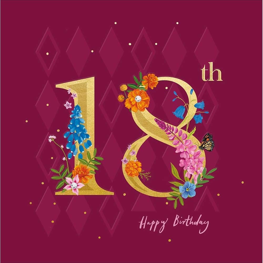 Woodmansterne 18th Gold Text Floral Butterfly Birthday Card