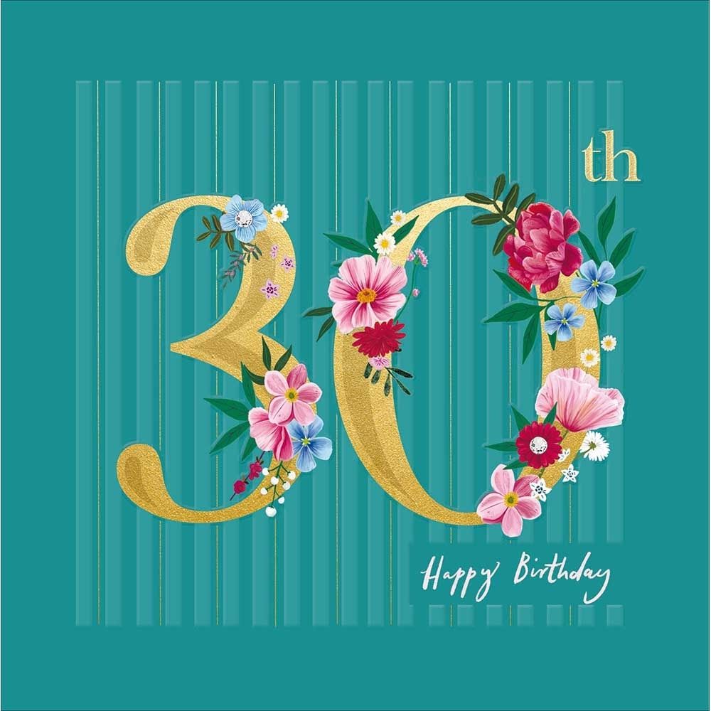 Woodmansterne 30th Gold Text with Flowers Birthday Card