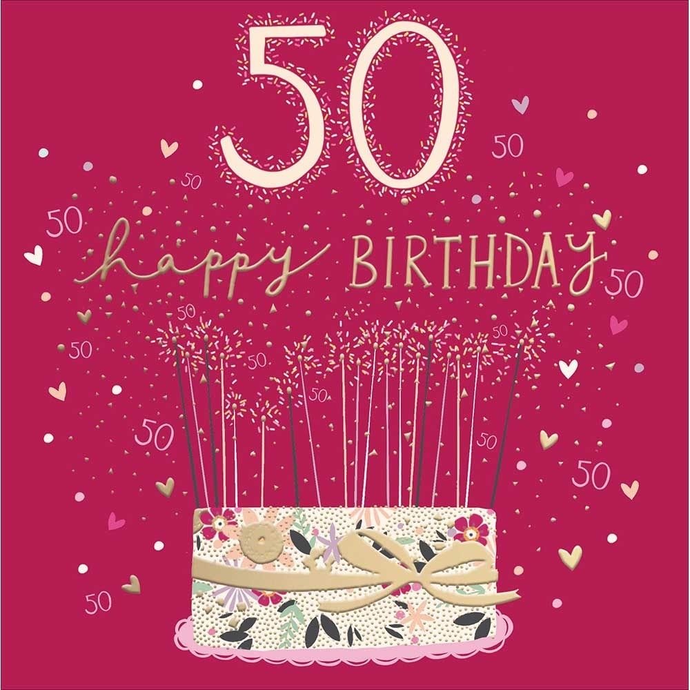 Woodmansterne 50th Cake & Celebrations Birthday Card - Old Railway Line Garden Centre