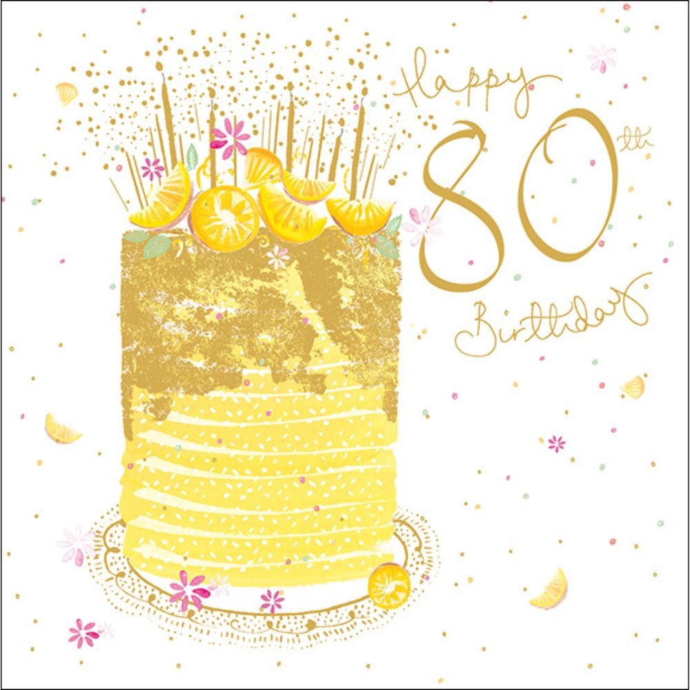 Woodmansterne 80th Sparkling Lemon Cake Birthday Card - Old Railway Line Garden Centre