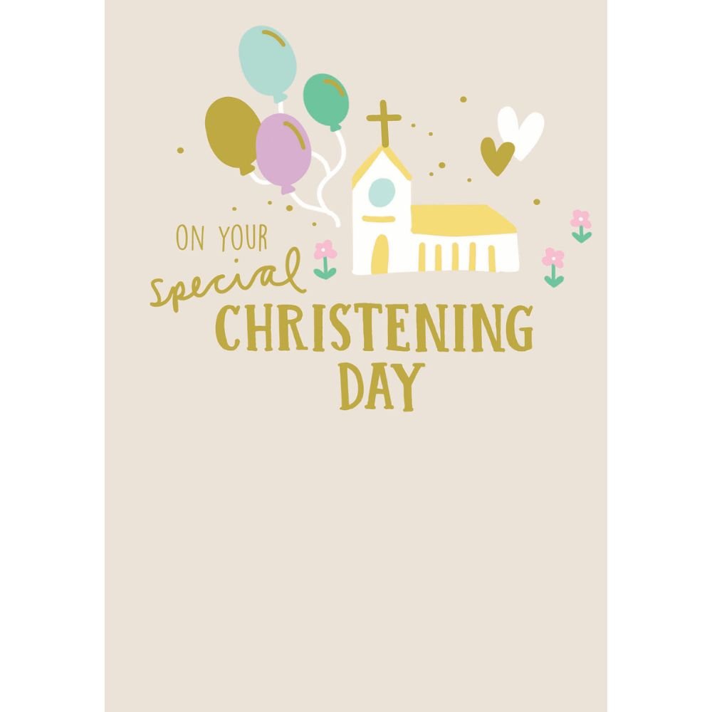 Woodmansterne Church and Balloons Christening Day Card - Old Railway Line Garden Centre
