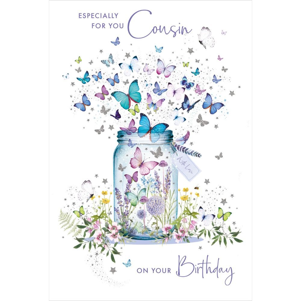 Woodmansterne Cousin Colourful Butterfly Jar Birthday Card - Old Railway Line Garden Centre