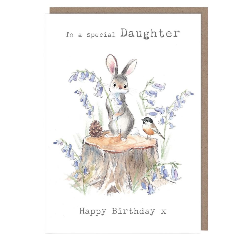 Woodmansterne Daughter Rabbit on Stump Birthday Card - Old Railway Line Garden Centre