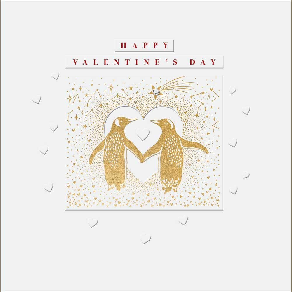 Woodmansterne Gold Penguins Valentine's Day Card - Old Railway Line Garden Centre
