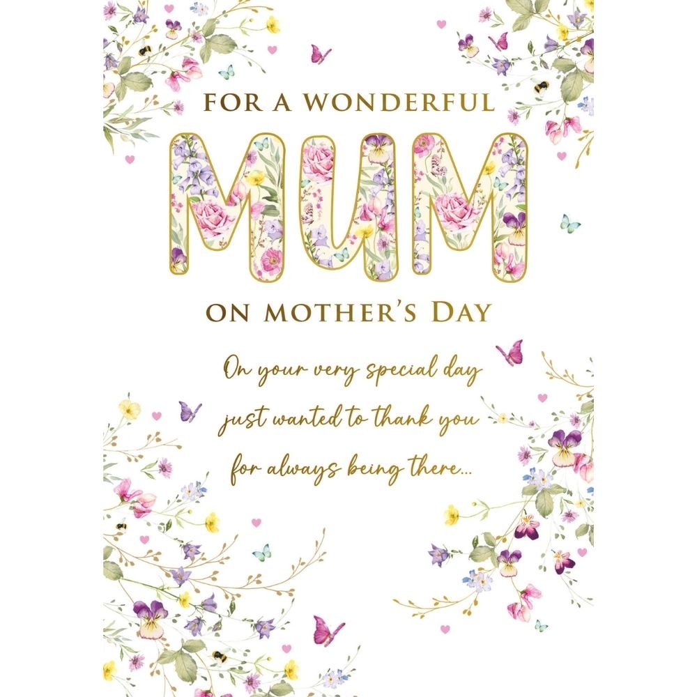Woodmansterne Mum Gold Floral Text Mother's Day Card - Old Railway Line Garden Centre