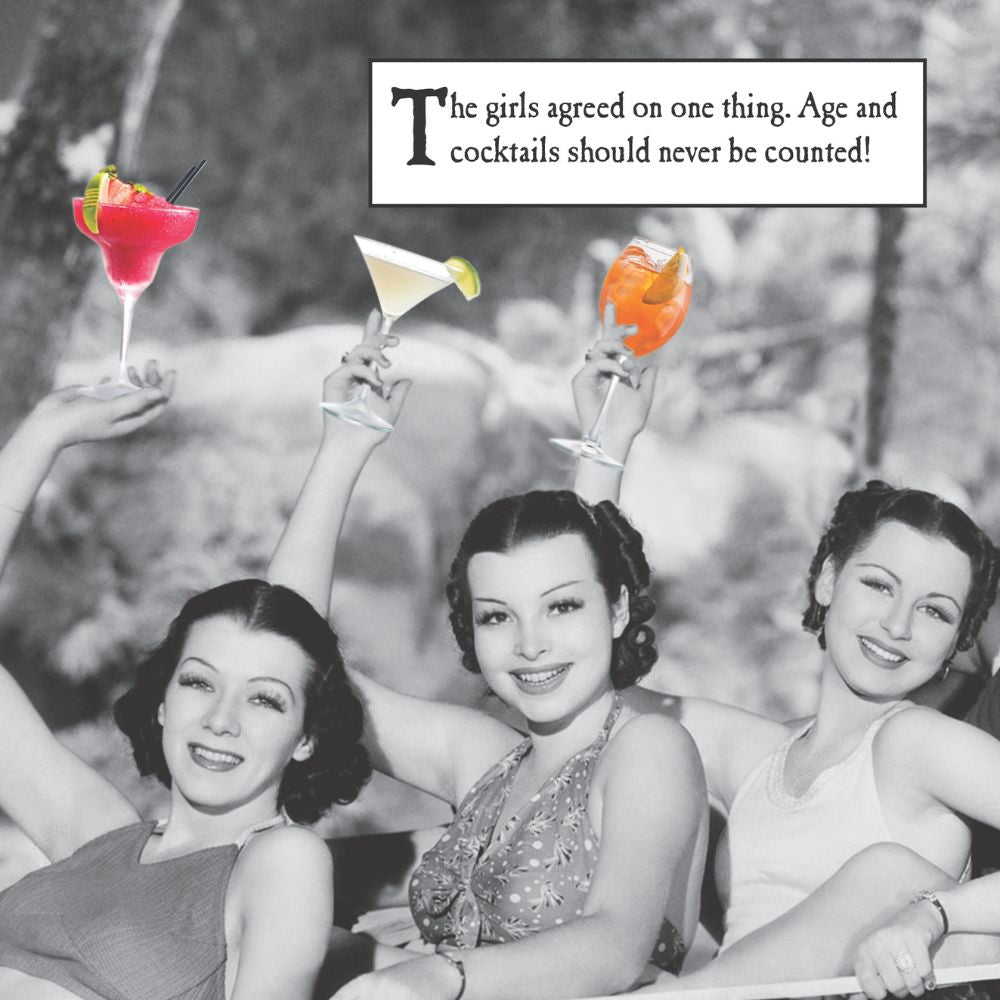 Woodmansterne Swimsuit Ladies & Cocktails Funny Blank Card - Old Railway Line Garden Centre