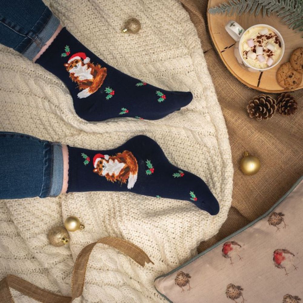 Wrendale 'Festive Fox' Navy Fox Socks