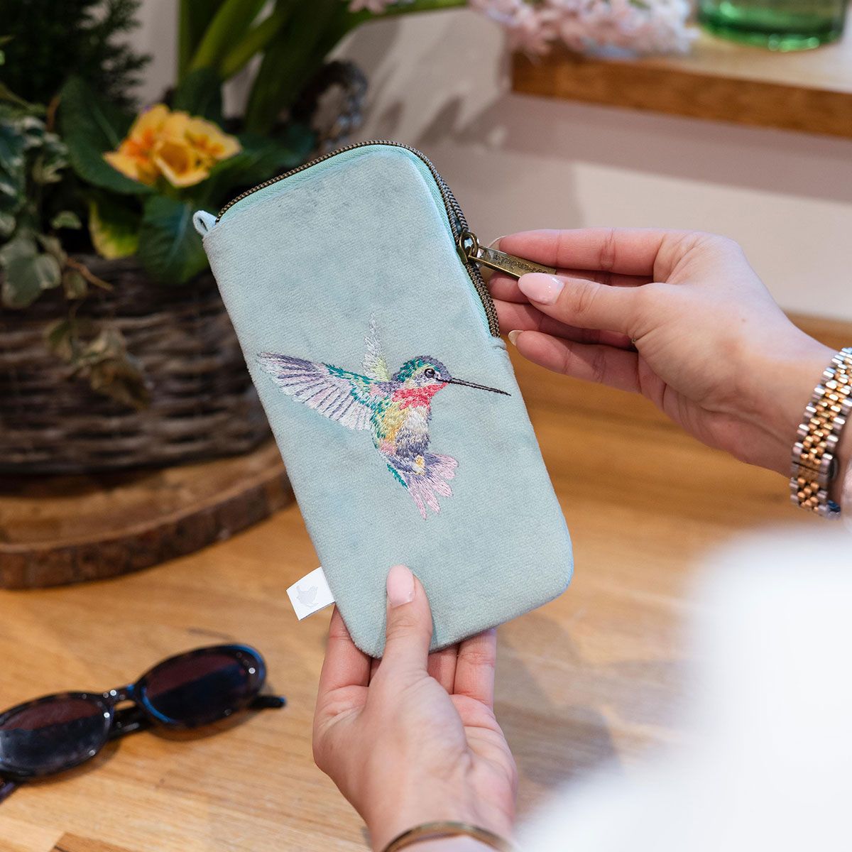 Wrendale 'Wisteria Wishes' Hummingbird Embroidered Glasses Pouch