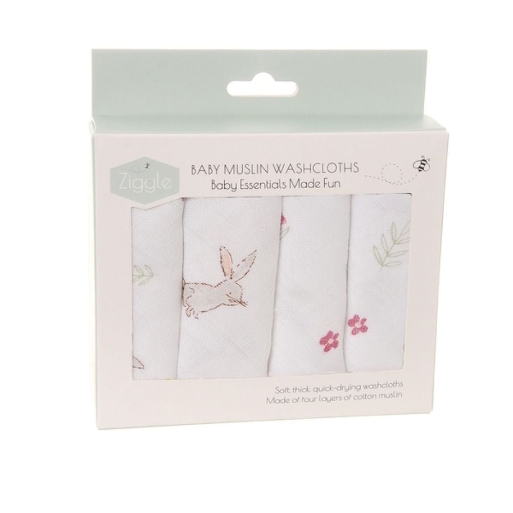 Ziggle Baby Cotton Muslin Bunnies Washcloths 4 Pack - Old Railway Line Garden Centre