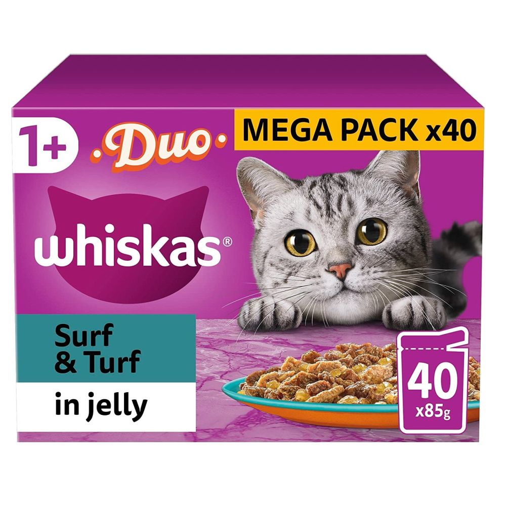 Whiskas 40 x 85g Surf & Turf Adult Cat Food Pouches in Jelly
