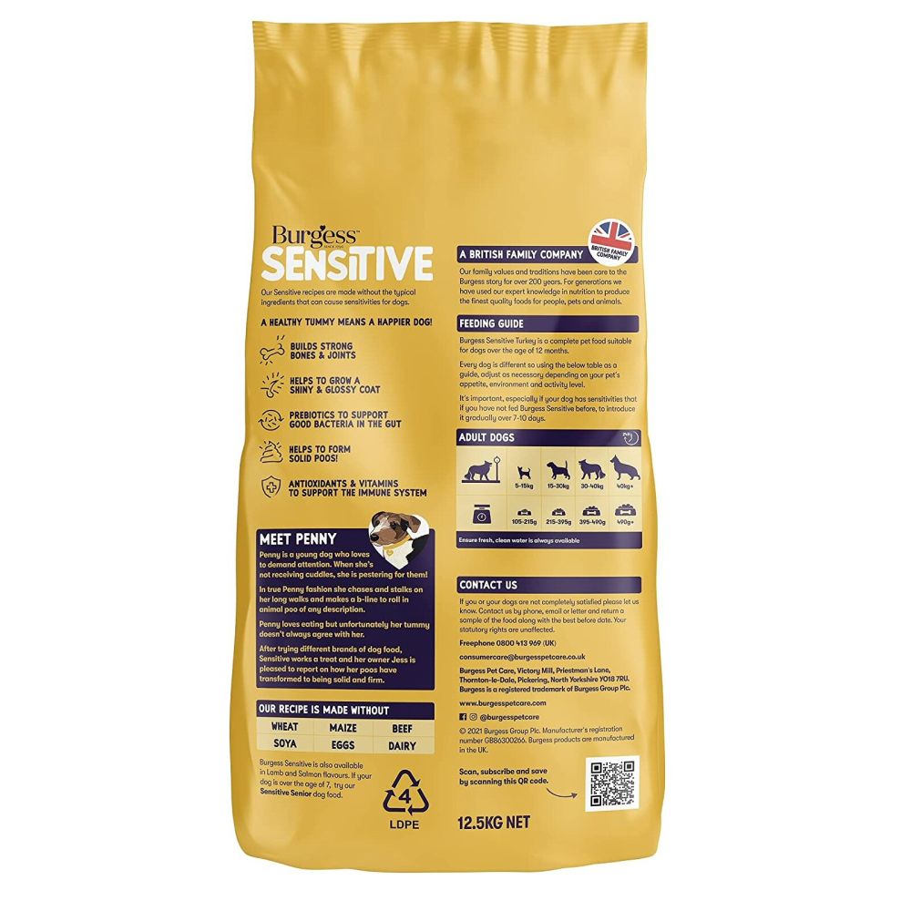 Burgess 12.5kg Sensitive Complete Turkey & Rice Adult Dog Food