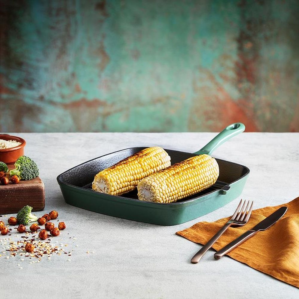 Barbary & Oak Foundry 23cm Verdigris Green Cast Iron Grill Pan - Old Railway Line Garden Centre