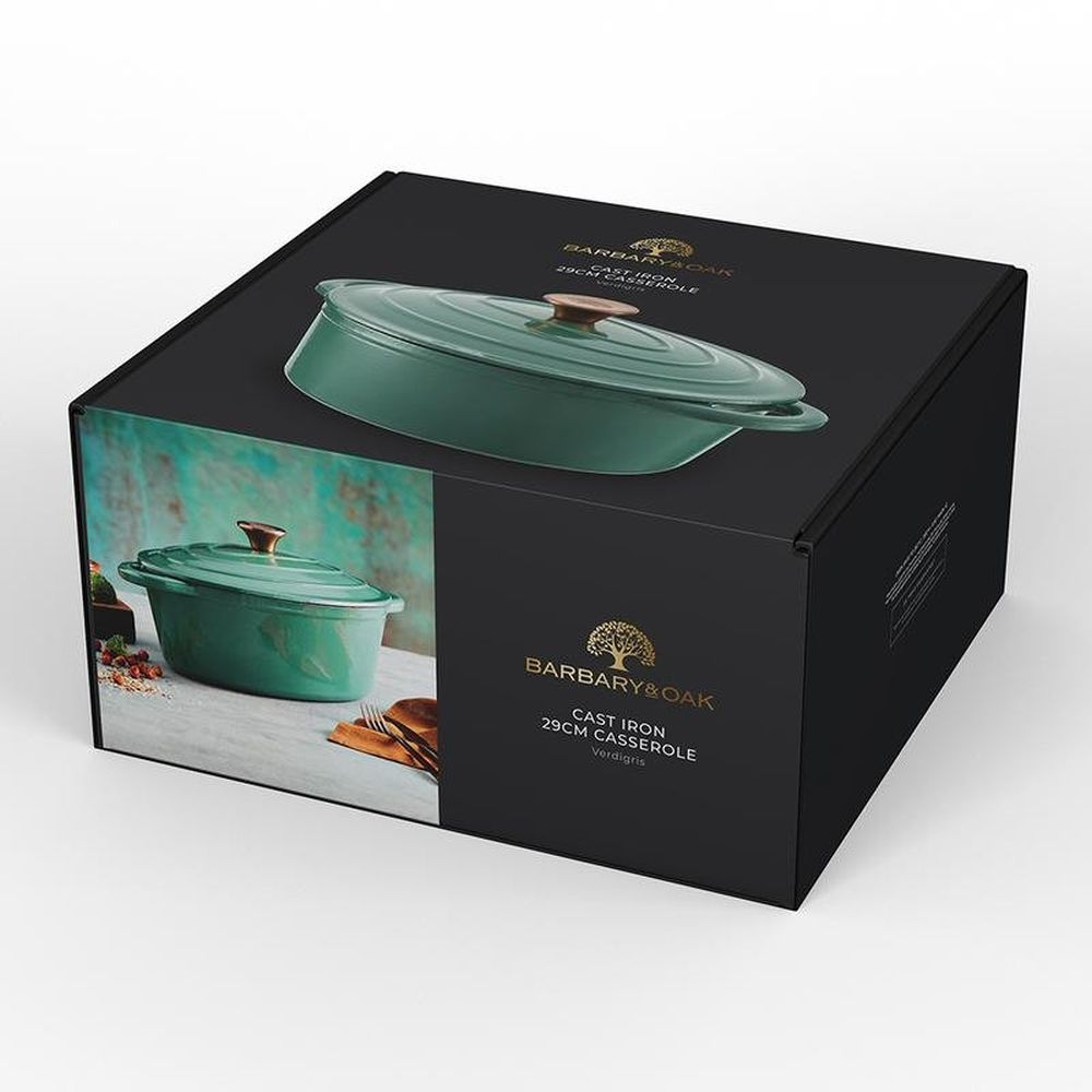 Barbary & Oak Foundry 29cm Oval Verdigris Green Cast Iron Casserole Dish - Old Railway Line Garden Centre