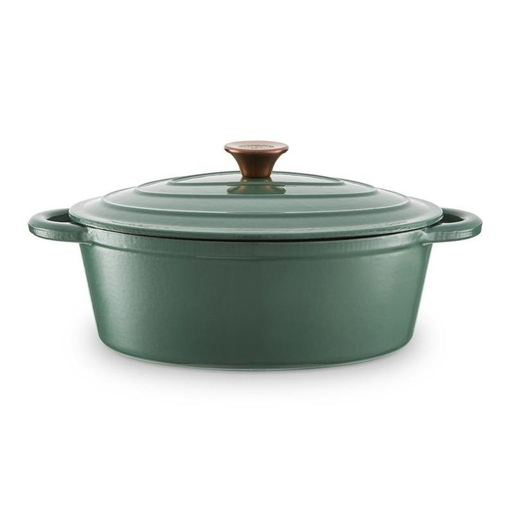 Barbary & Oak Foundry 29cm Oval Verdigris Green Cast Iron Casserole Dish - Old Railway Line Garden Centre