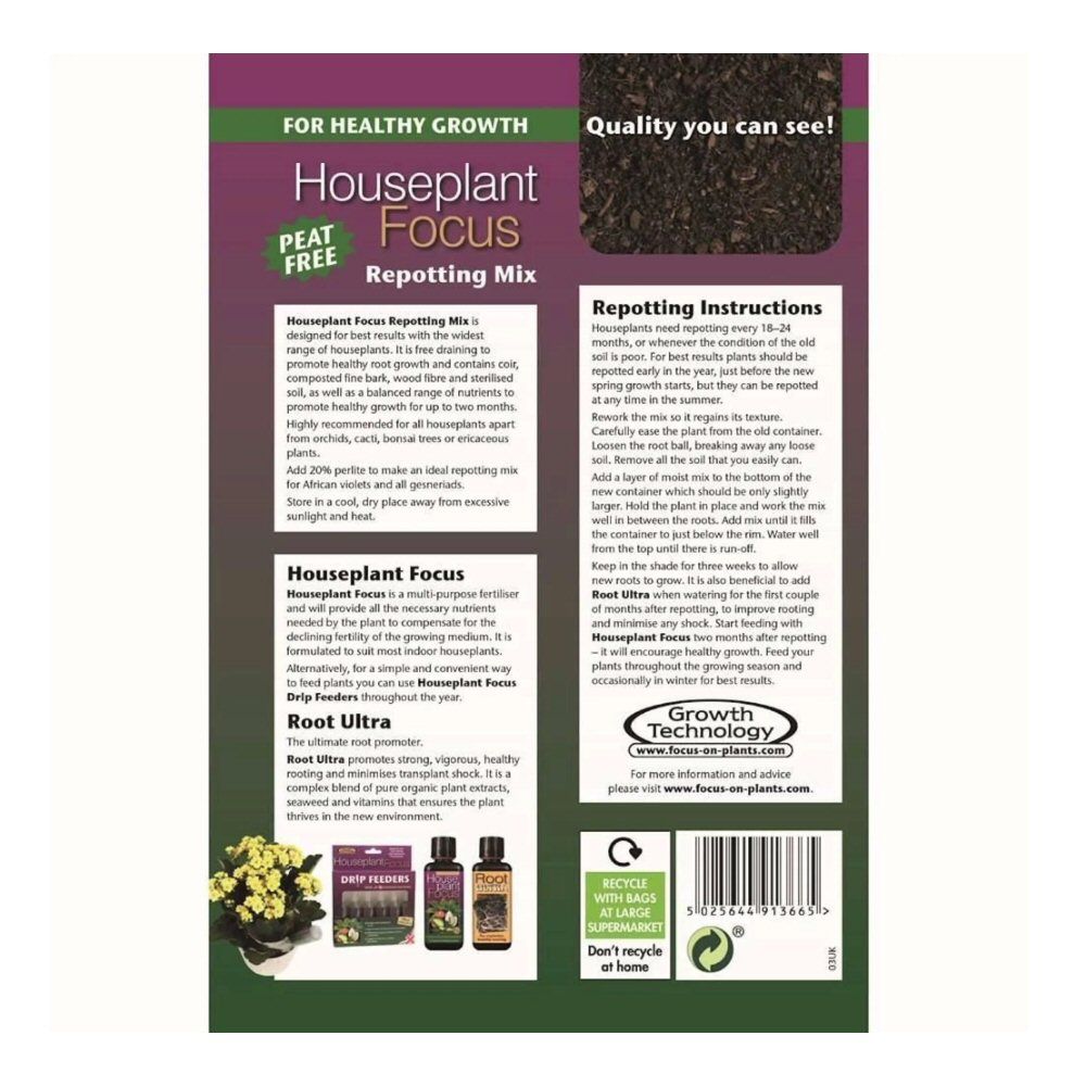 Growth Technology 8L Peat - Free Houseplant Focus Repotting Mix - Old Railway Line Garden Centre