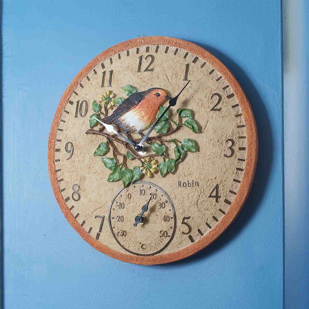 Outside In 12" Robin Wall Clock & Thermometer - Old Railway Line Garden Centre
