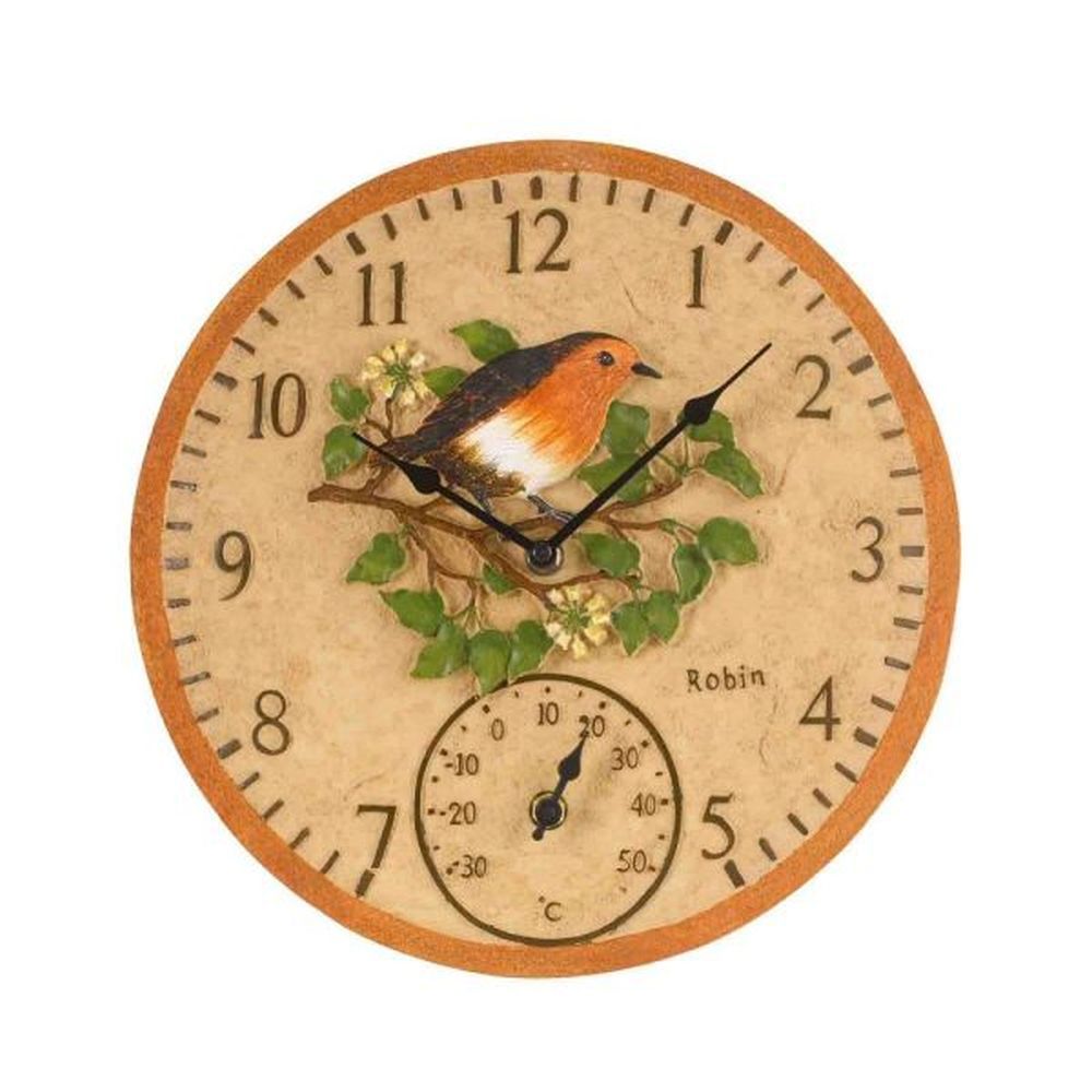 Outside In 12" Robin Wall Clock & Thermometer - Old Railway Line Garden Centre