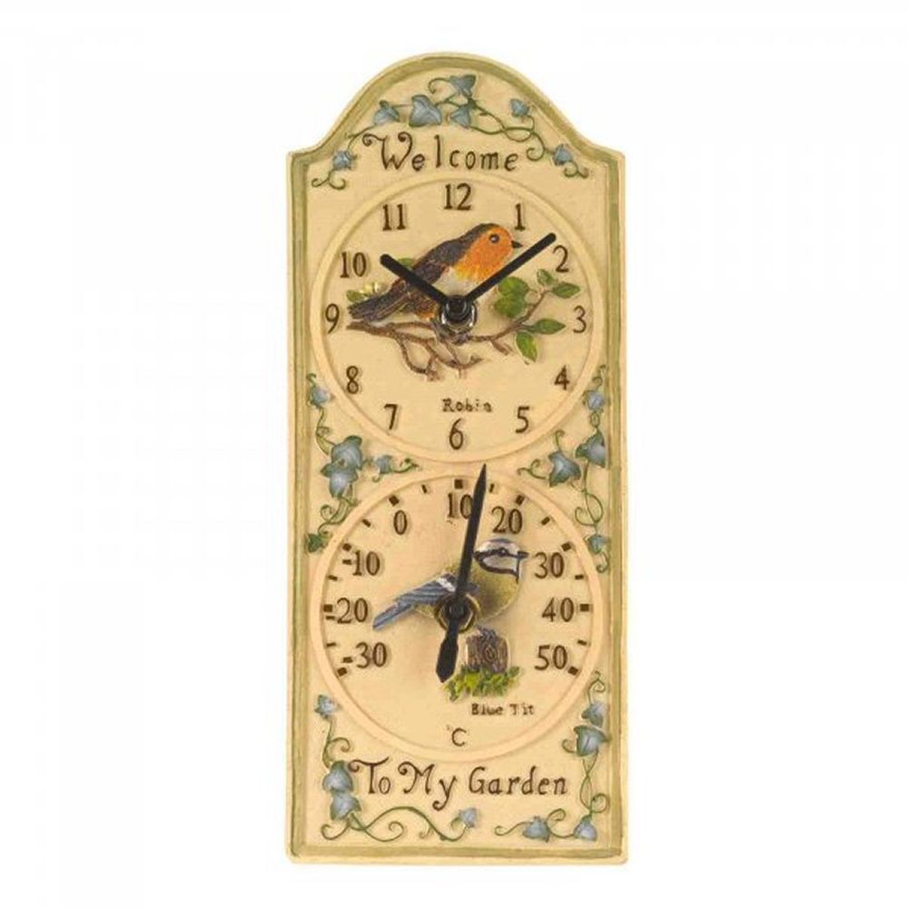 Outside In 28cm Birdberry Wall Clock & Thermometer - Old Railway Line Garden Centre