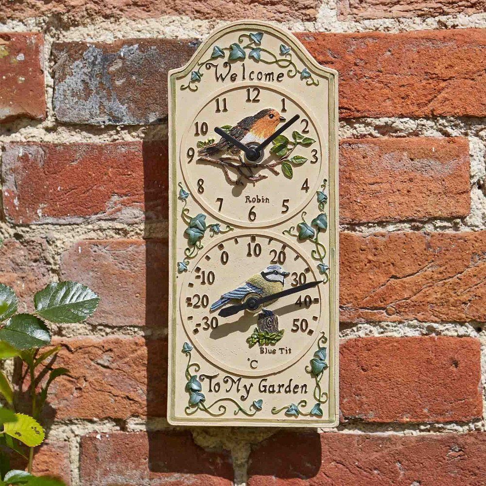 Outside In 28cm Birdberry Wall Clock & Thermometer - Old Railway Line Garden Centre