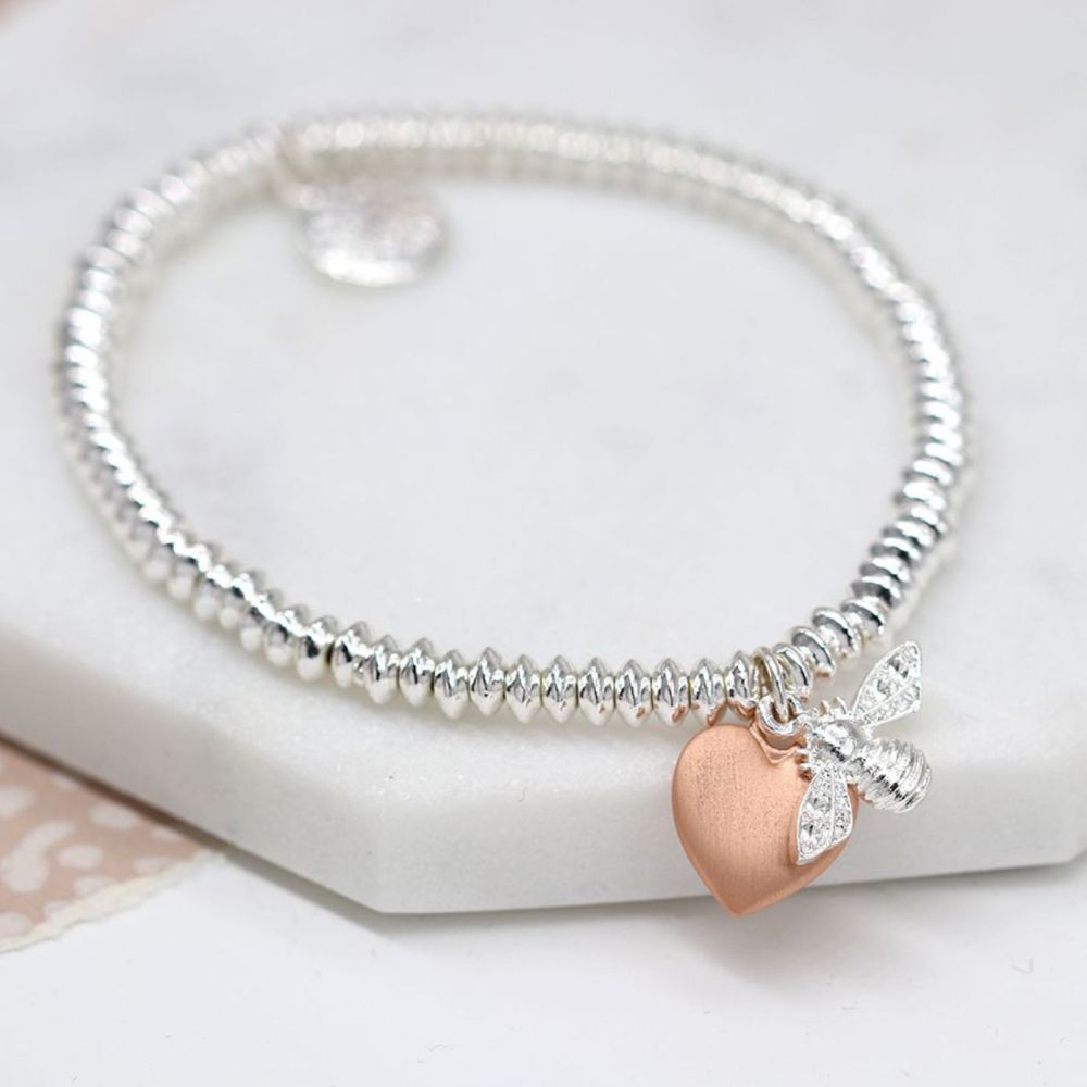 POM 10mm Silver Plated Fine Bead Bracelet with Rose Gold Heart and Bee - Old Railway Line Garden Centre