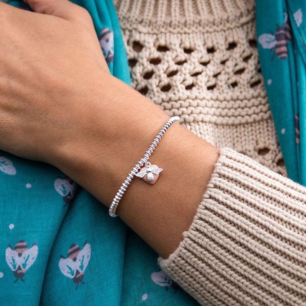 POM 10mm Silver Plated Fine Bead Bracelet with Rose Gold Heart and Bee - Old Railway Line Garden Centre