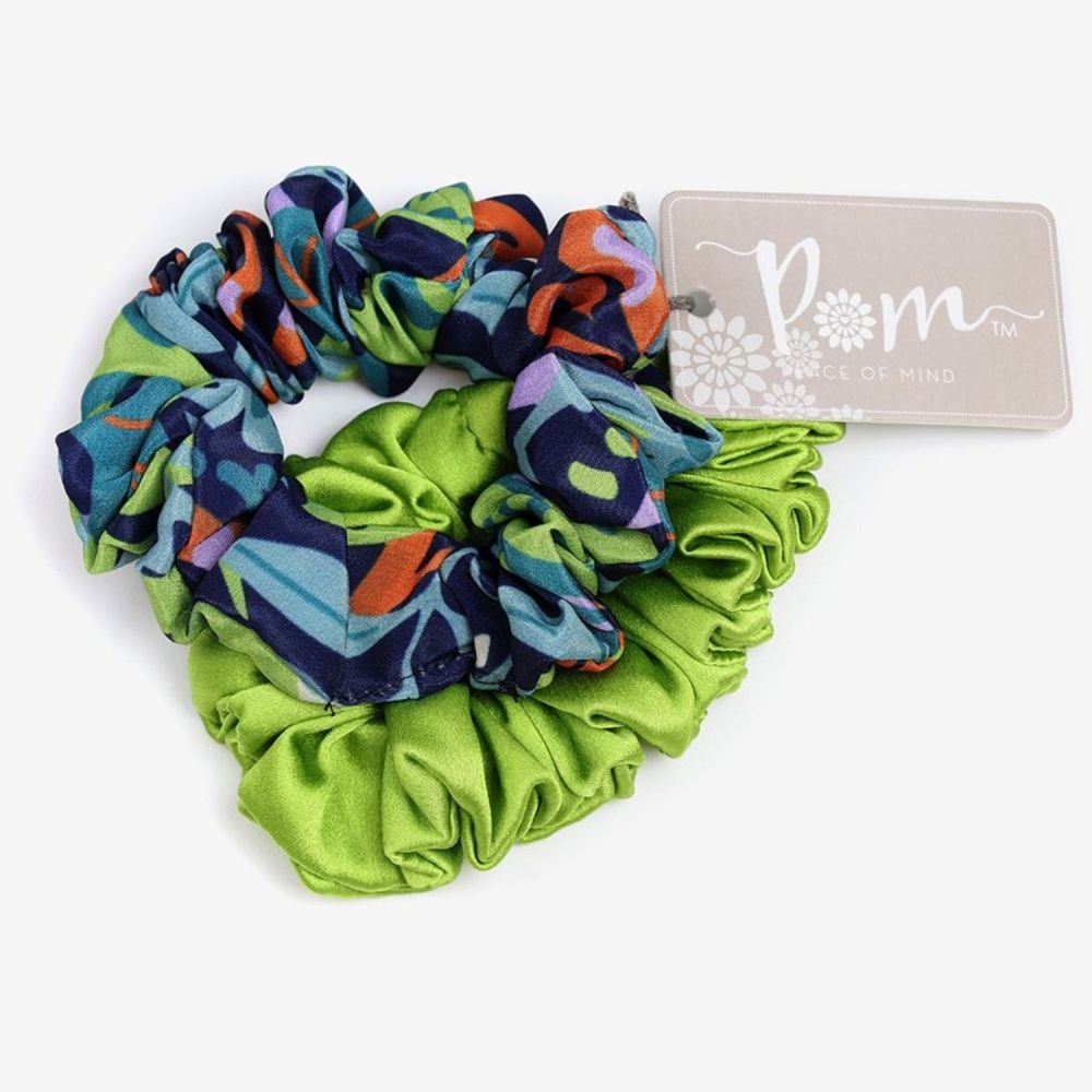 POM Navy and Lime Mix Tropical and Plain Scrunchie Duo - Old Railway Line Garden Centre