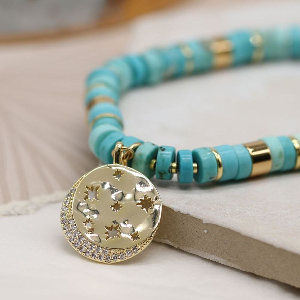 POM Turquoise and Gold Mix Bracelet With Golden Crystal Star Disc - Old Railway Line Garden Centre