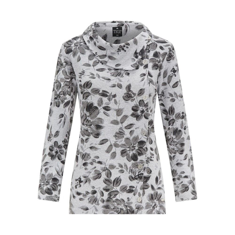 TIGI 14/16 Greys Leaf Print Split Cowl Neck Top - Old Railway Line Garden Centre