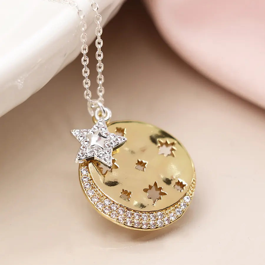 POM Faux Gold Cut Out Stars Crystal Disc Necklace